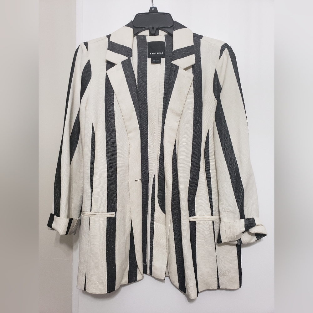 Trouve Black & White Striped Linen Jacket Blazer Sz S